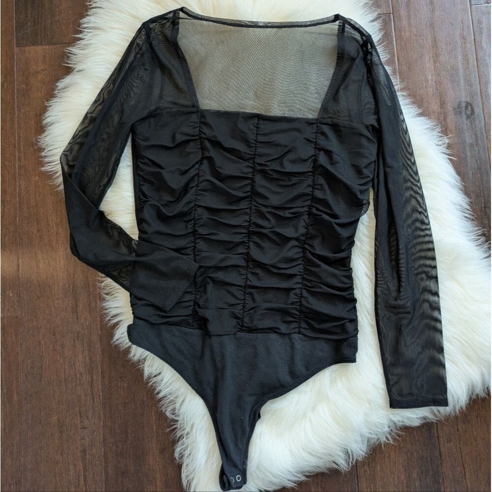 Abercrombie & Fitch Black Mesh Long Sleeve Square Neck Bodysuit L Large